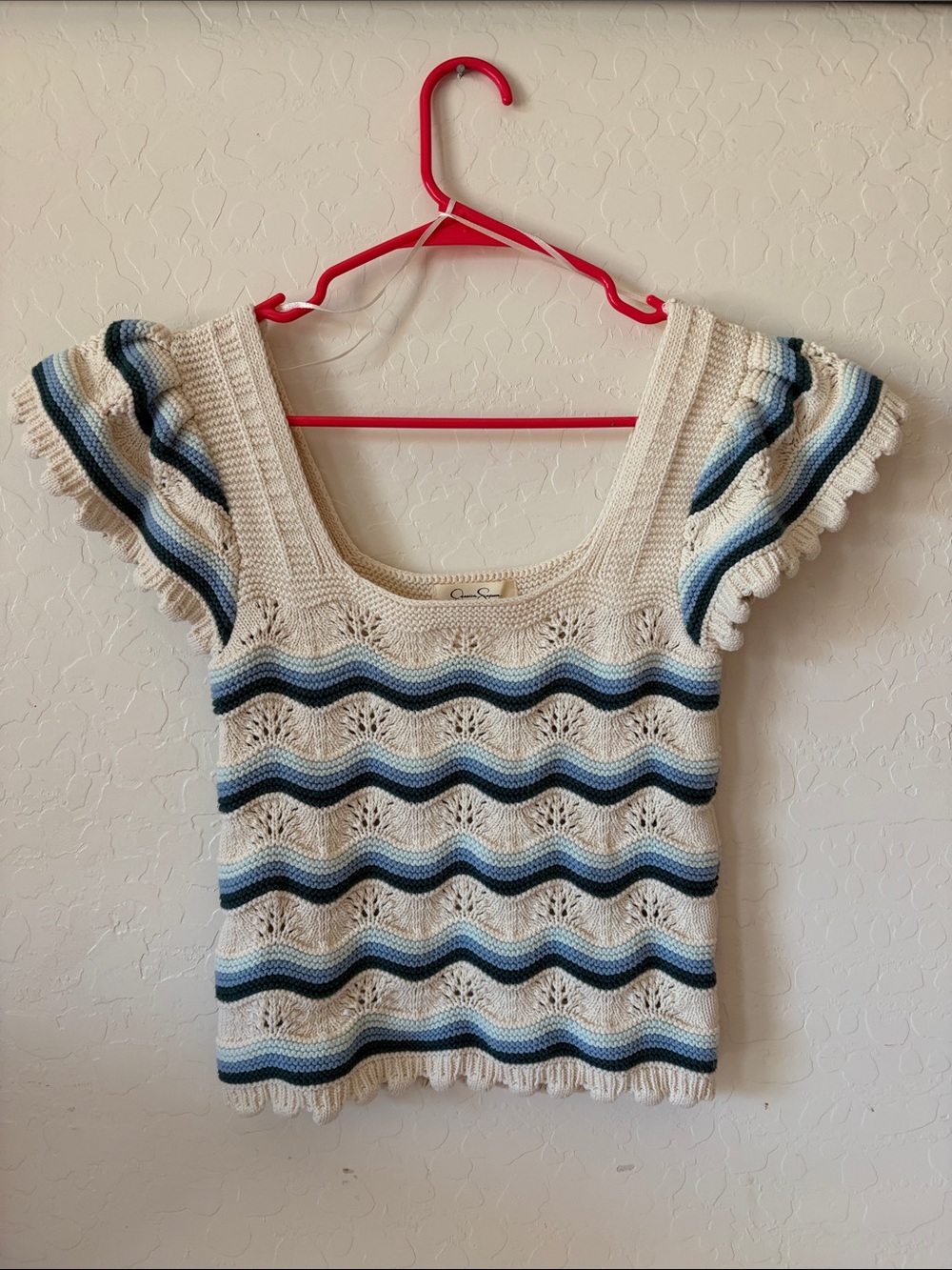 Vintage-Inspired Crochet Scoop Neck Top in Cream with Blue Stripes